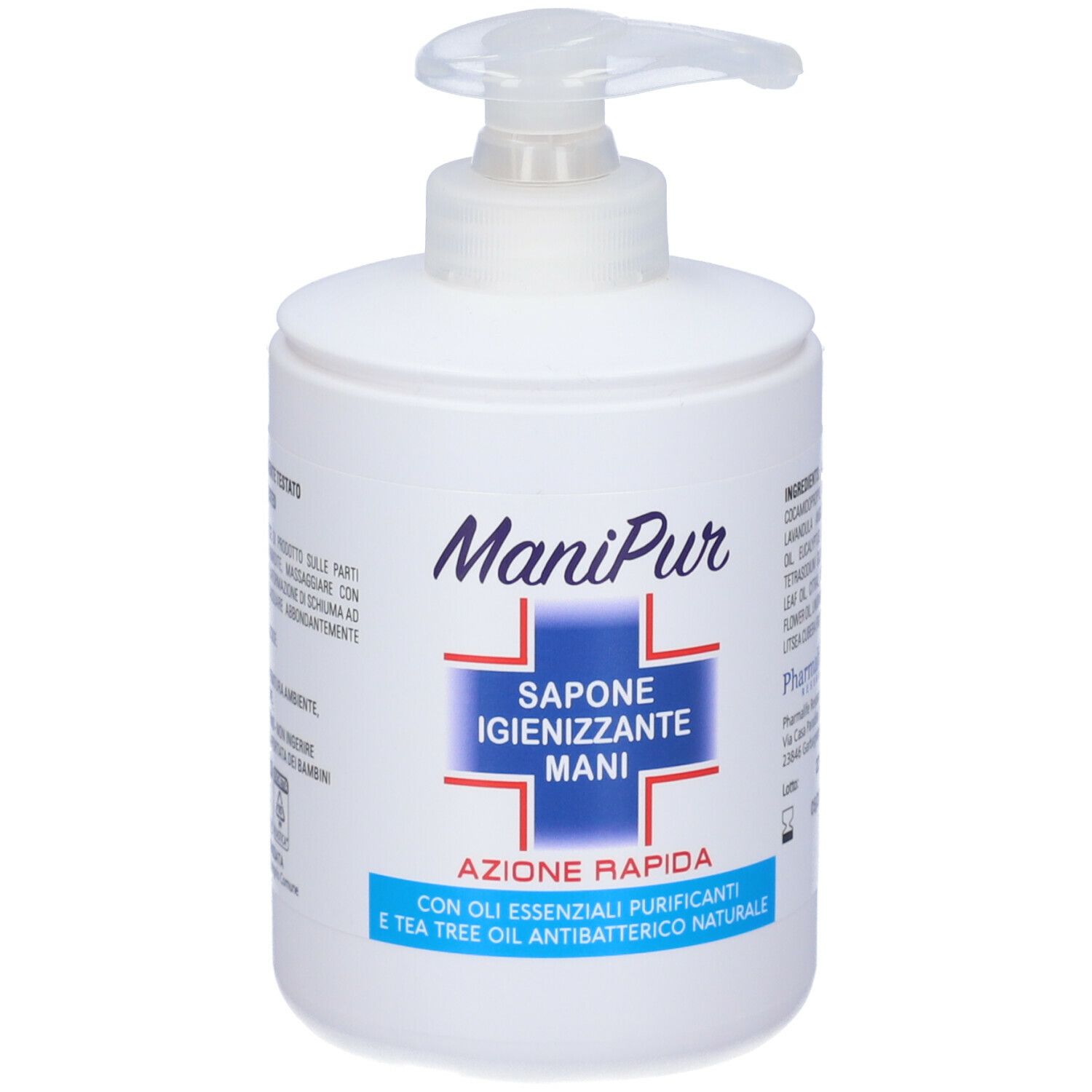 Flacone bianco con dosatore a pompa. Scritta: ManiPur, Sapone Igienizzante Mani. Grafica blu e rossa.