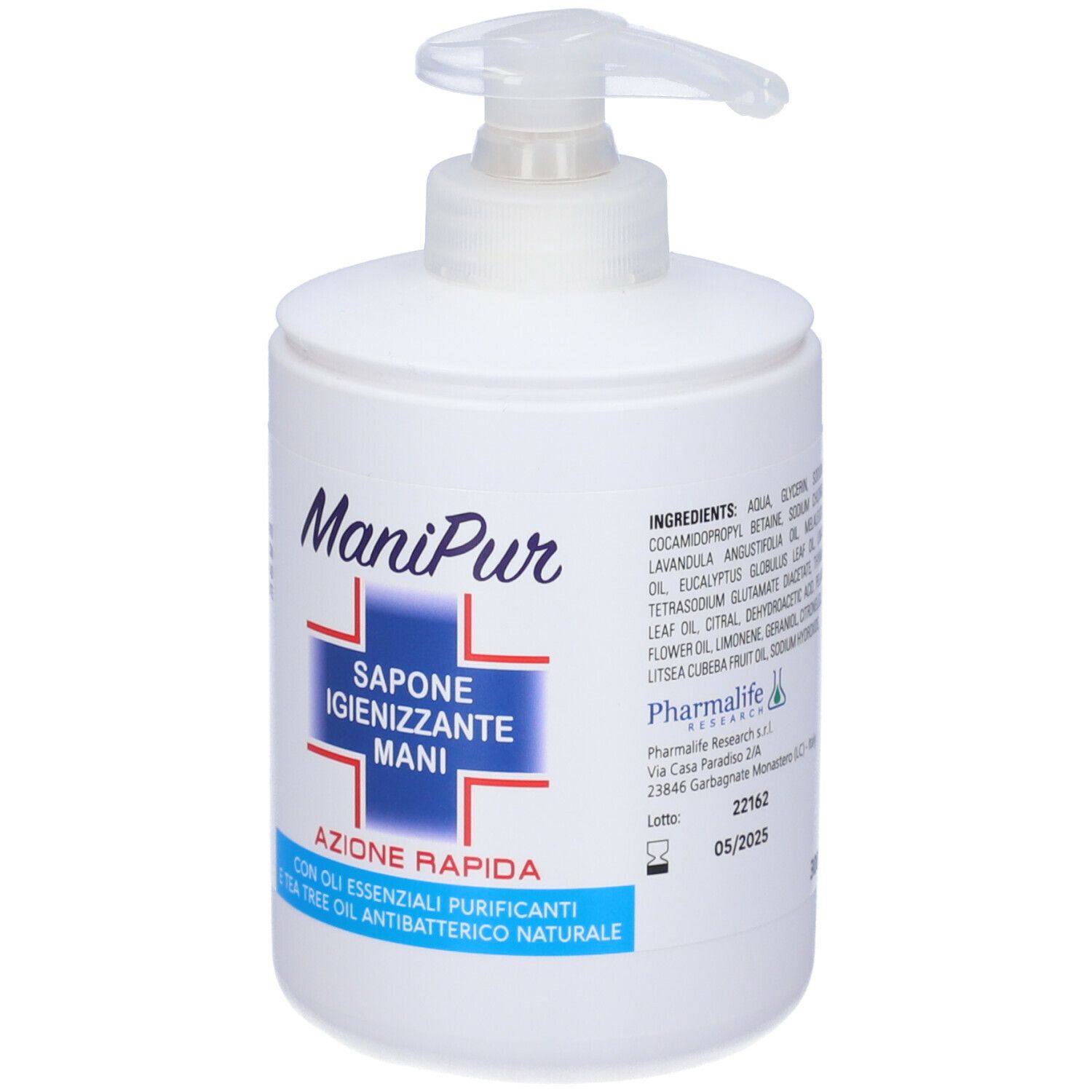 Flacone bianco con dosatore a pompa. Scritta: ManiPur, Sapone Igienizzante Mani. Ingredienti e logo.