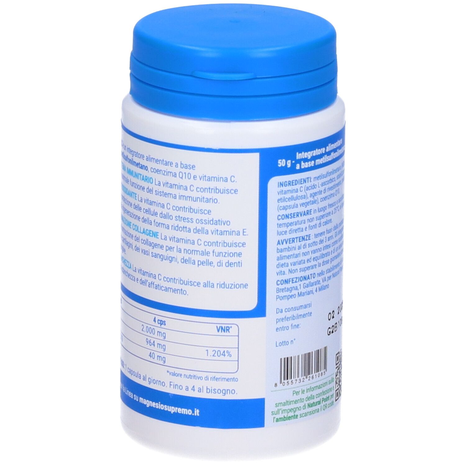 Rückseite der weißen Flasche mit blauem Deckel. Enthält Inhaltsstoffe und Nährwertangaben. Natural Point.