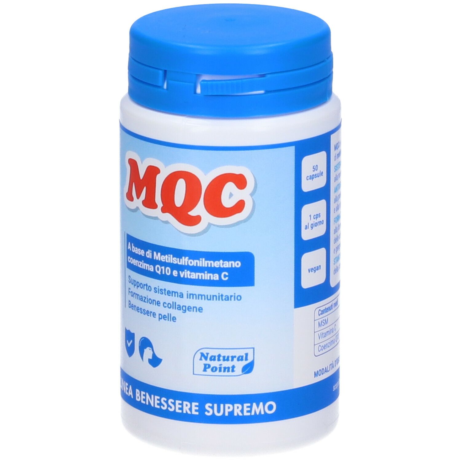 Weiße Flasche mit blauem Deckel. Aufschrift: MQC. Enthält 50 Kapseln. Natural Point.