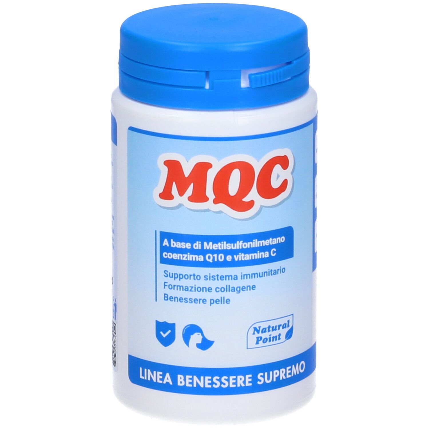 Weiße Flasche mit blauem Deckel. Aufschrift: MQC. Enthält Methylsulfonylmethan, Coenzym Q10 und Vitamin C. Natural Point.