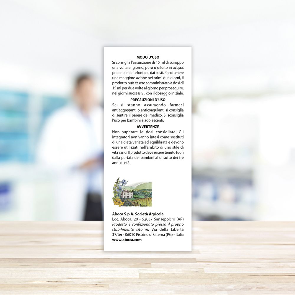 Rückseite der Produktverpackung. Text mit Anwendungshinweisen und Vorsichtsmaßnahmen. Aboca-Logo.