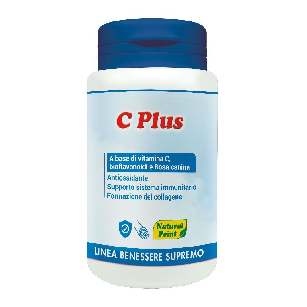 Flacone bianco con tappo blu. Scritta "C Plus" e testo. Logo "Natural Point".