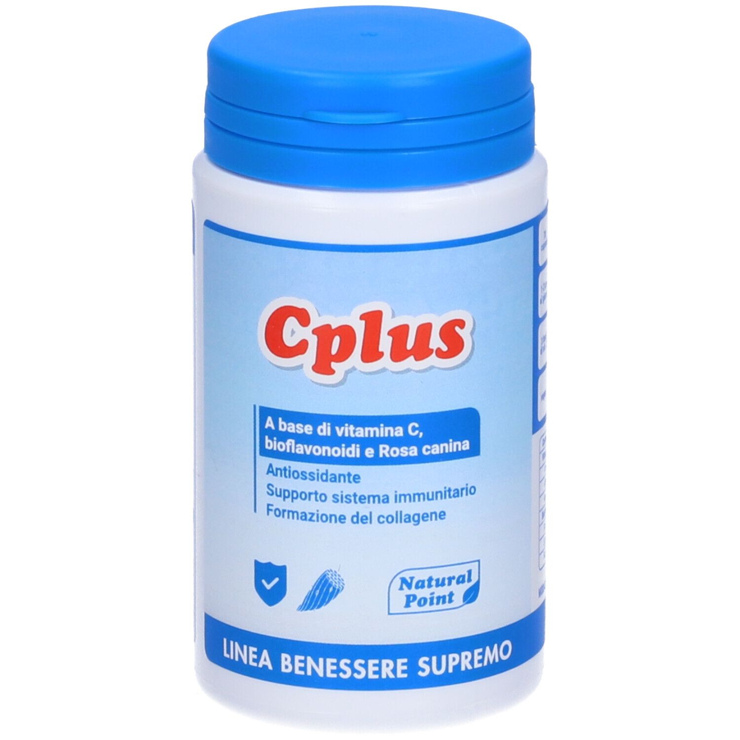 Flacone bianco con tappo blu. Scritta "C Plus" e testo. Logo "Natural Point".