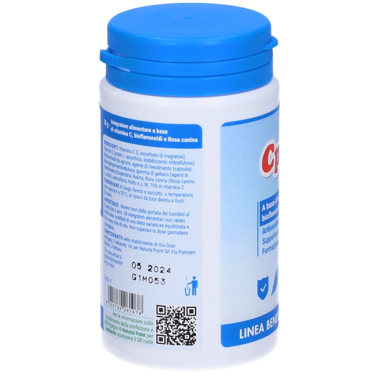Flacone bianco con tappo blu. Testo e codice QR sul retro. Scritta "C Plus".