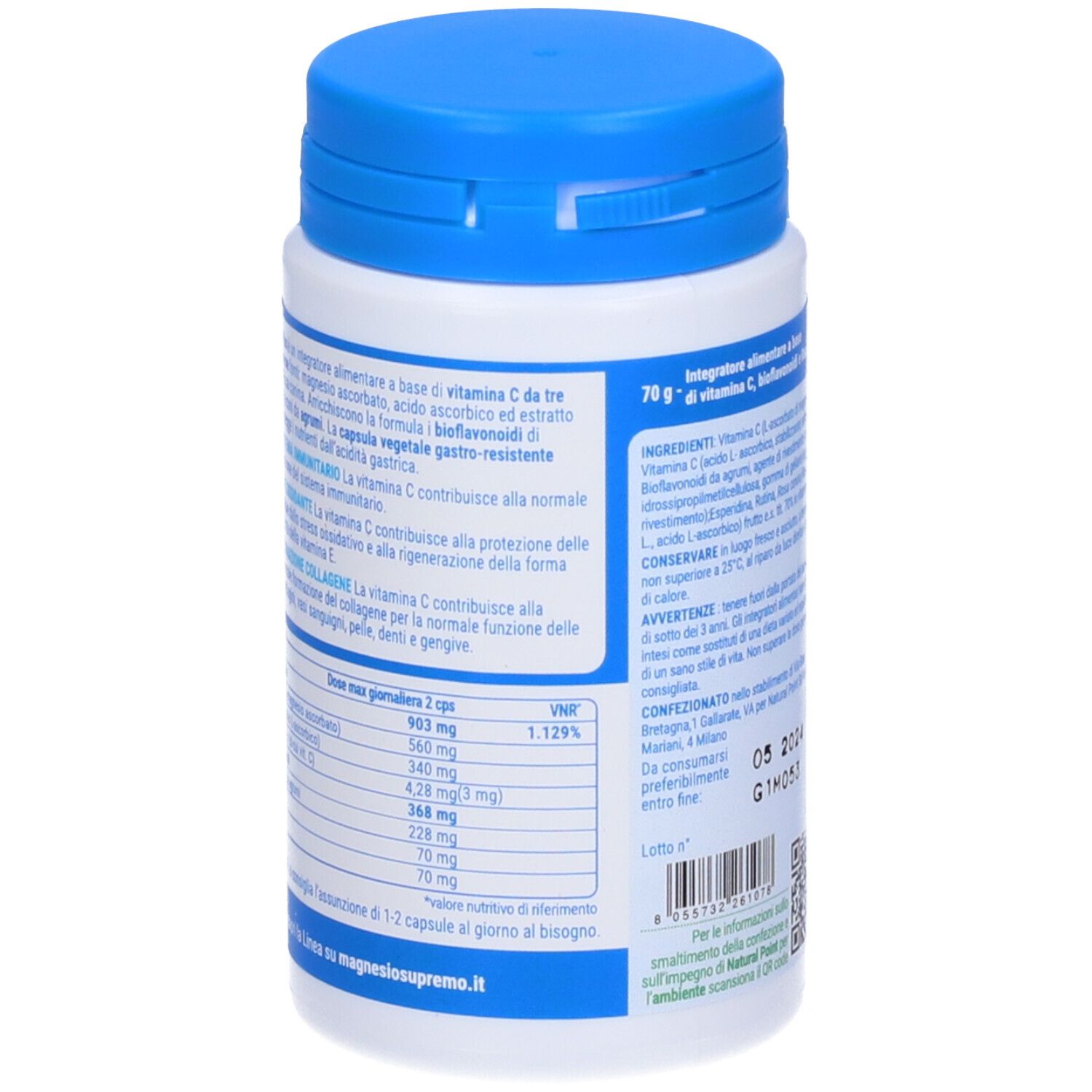 Flacone bianco con tappo blu. Testo e tabella nutrizionale. Scritta "C Plus".