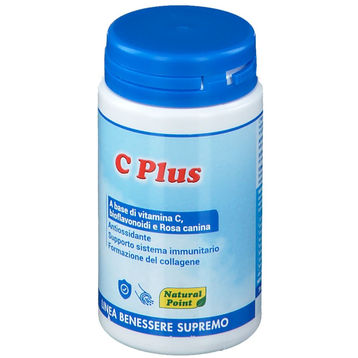 Flacone bianco con tappo blu. Scritta "C Plus" e testo. Logo "Natural Point".