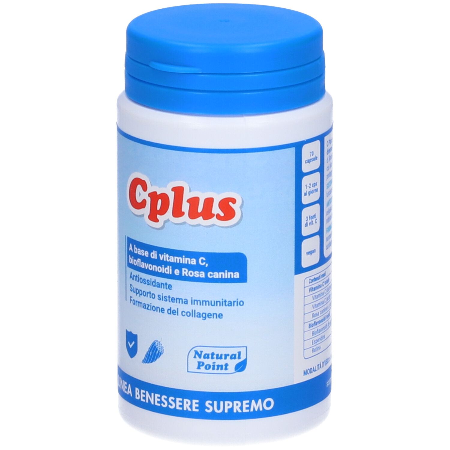 Flacone bianco con tappo blu. Scritta "C Plus" e testo. Logo "Natural Point".