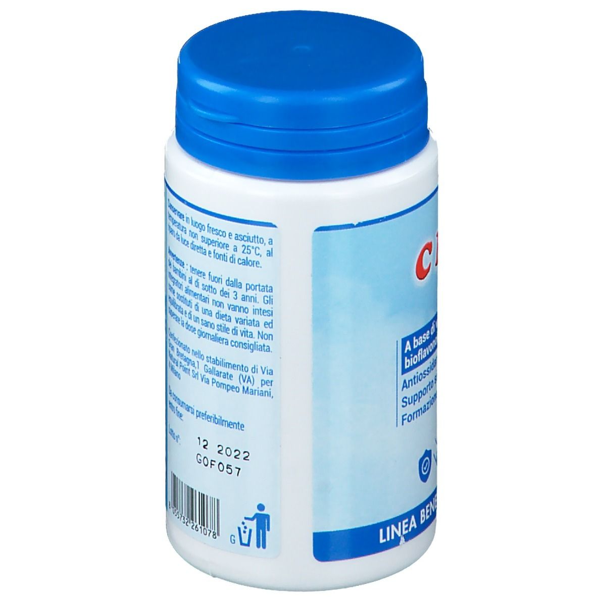 Flacone bianco con tappo blu. Testo sul retro. Scritta "C Plus".
