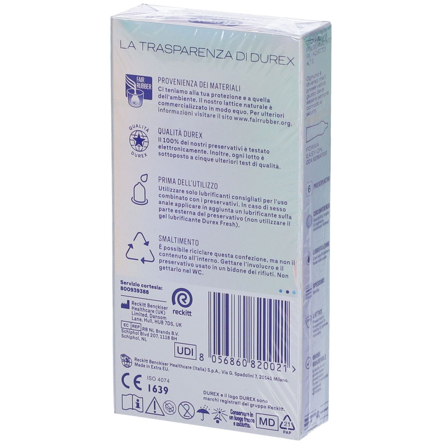 Rückseite der Durex Invisible XL Packung mit 6 Kondomen. Details zu Material und Entsorgung.