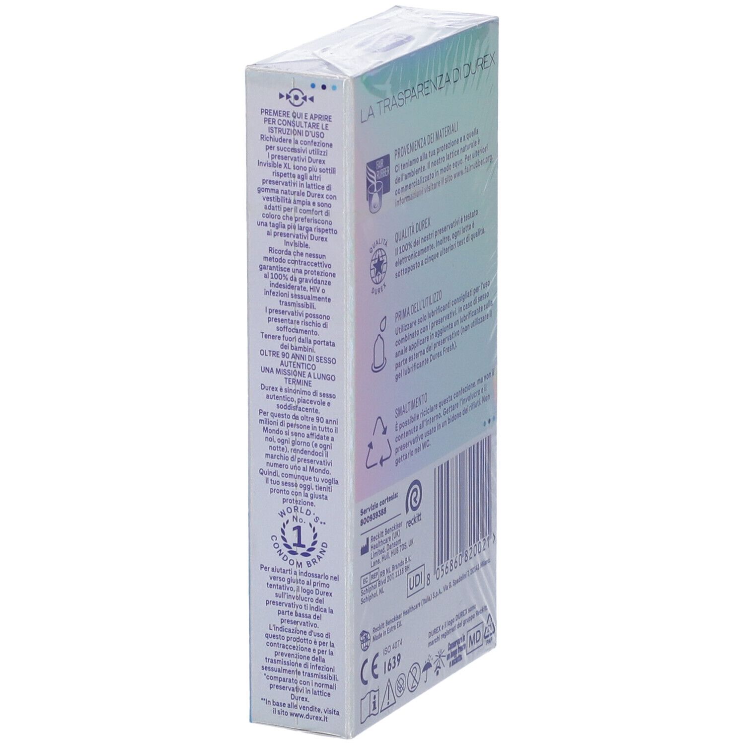Seitenansicht der Durex Invisible XL Packung mit 6 Kondomen. Warnhinweise und Produktinformationen.