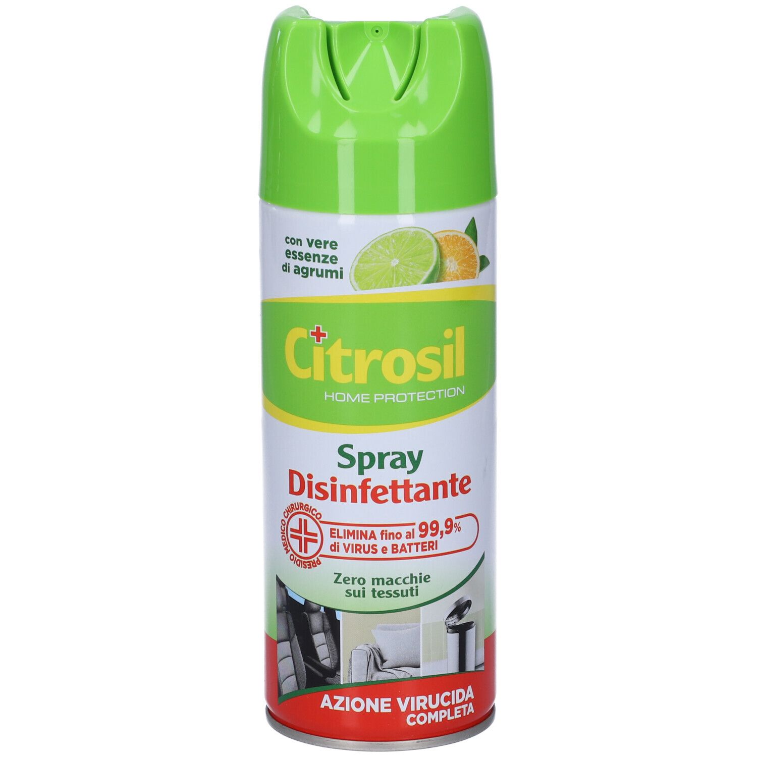 Flacone spray verde e bianco. Scritta: Citrosil Home Protection Spray Disinfettante. Illustrazione di limoni e lime.