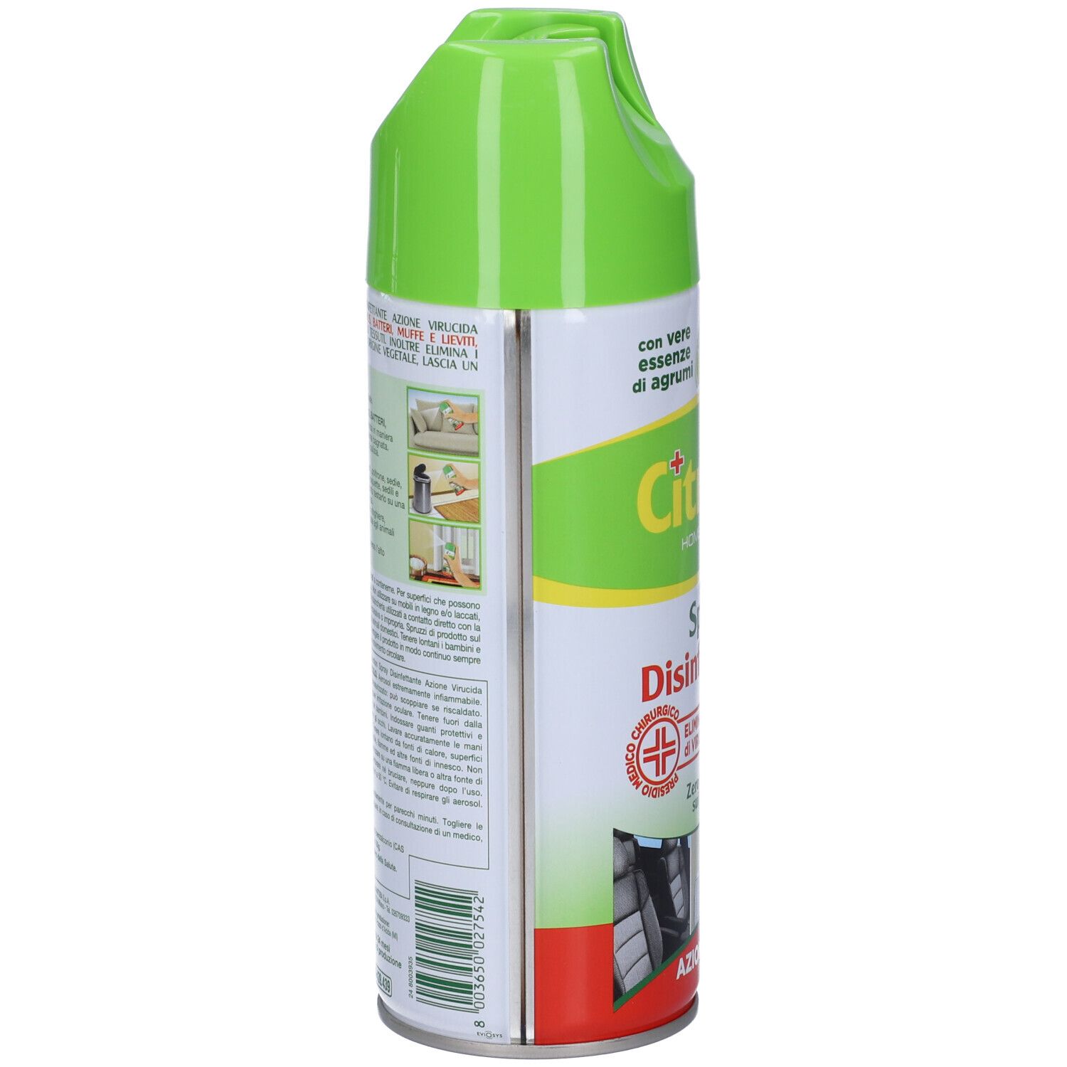 Flacone spray verde e bianco. Scritta: Citrosil Home Protection Spray Disinfettante. Illustrazione di limoni e lime.