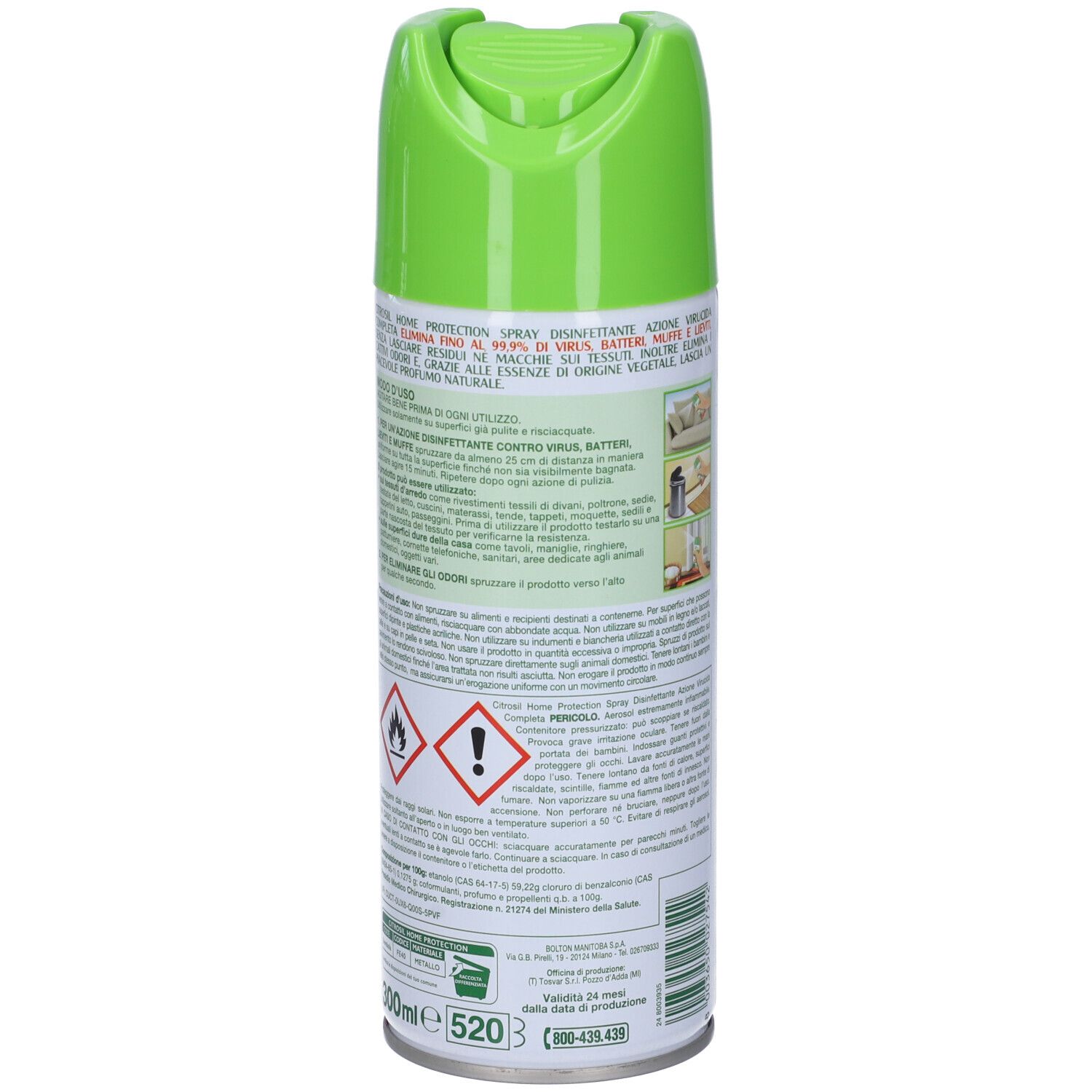 Flacone spray verde e bianco. Scritta: Citrosil Home Protection Spray Disinfettante. Illustrazione di limoni e lime.