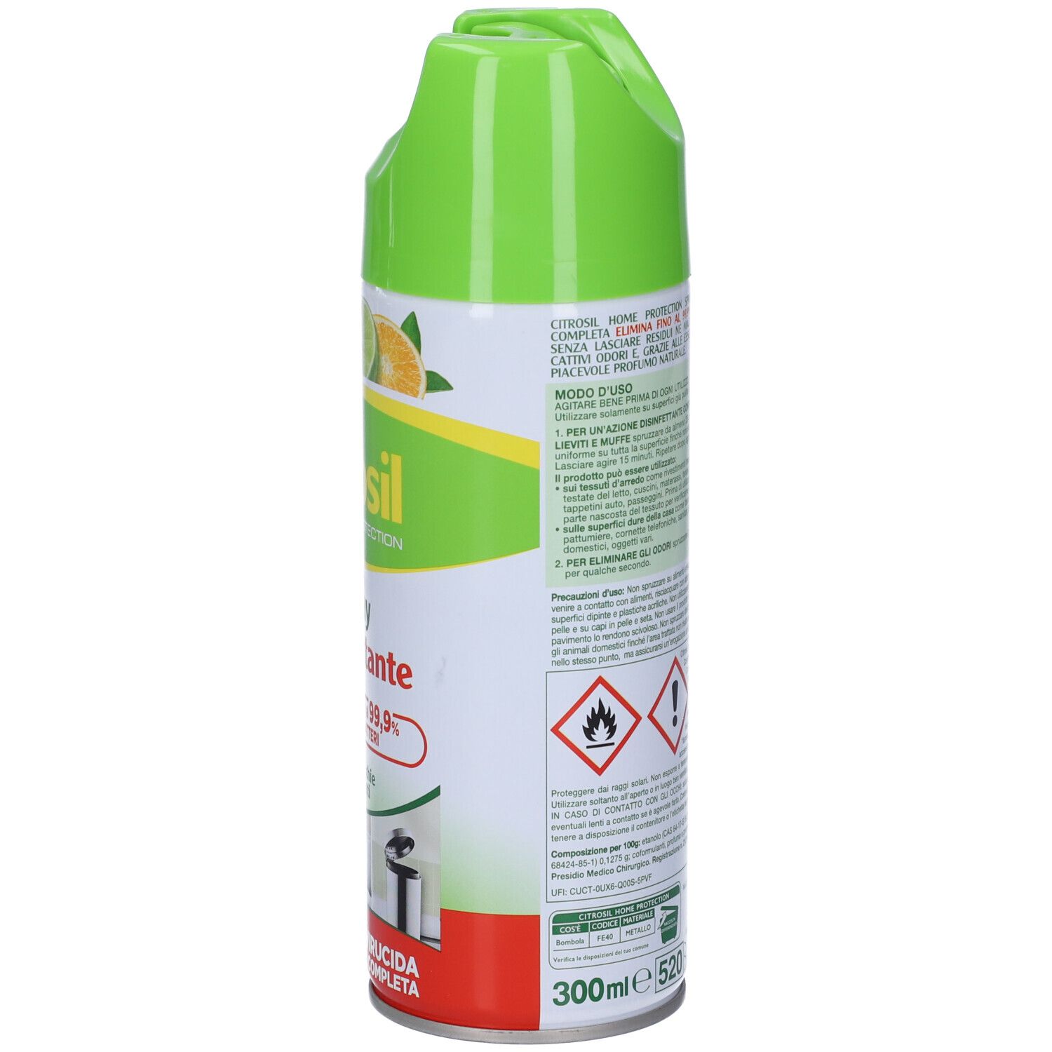 Flacone spray verde e bianco. Scritta: Citrosil Home Protection Spray Disinfettante. Illustrazione di limoni e lime.