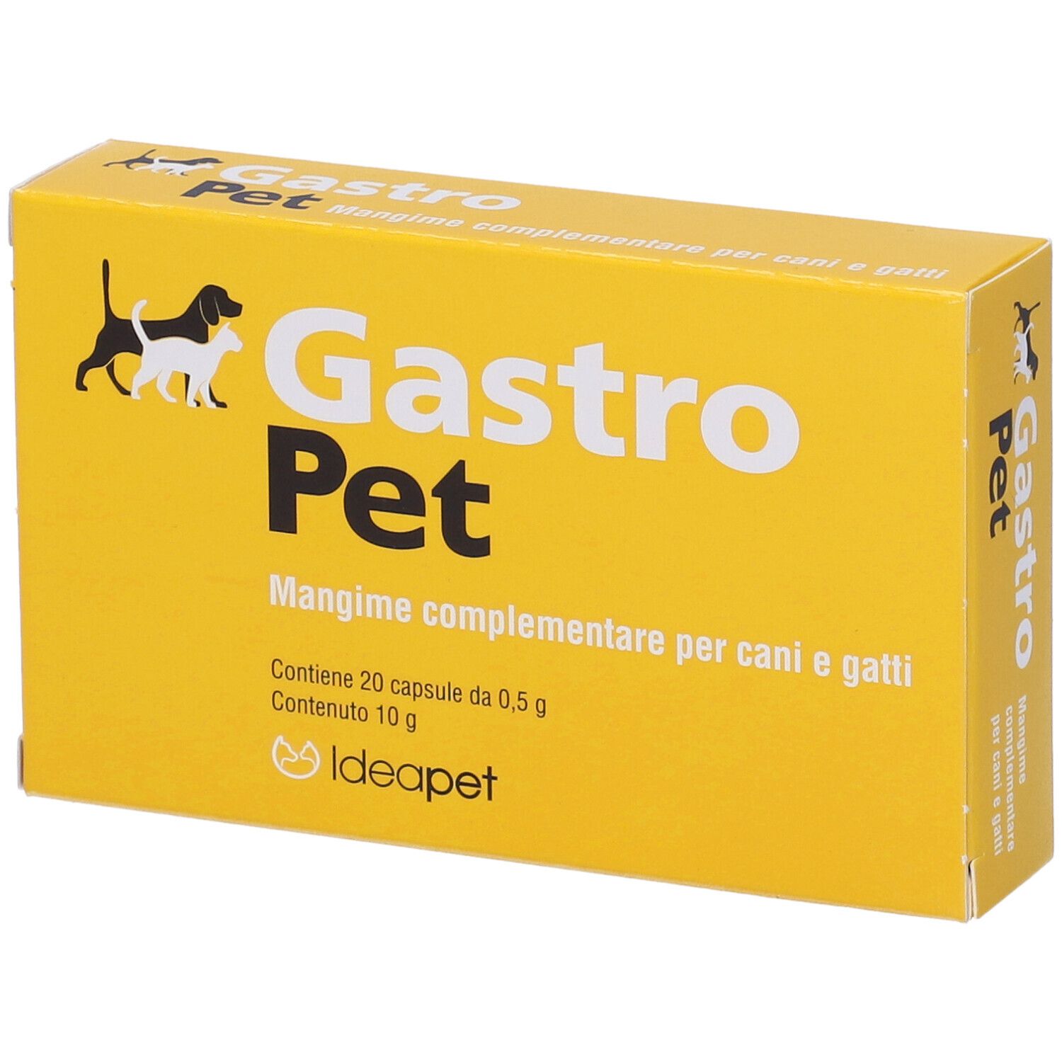 Scatola gialla con logo "Gastro Pet" e testo. Contiene 20 capsule. Logo Ideapet.