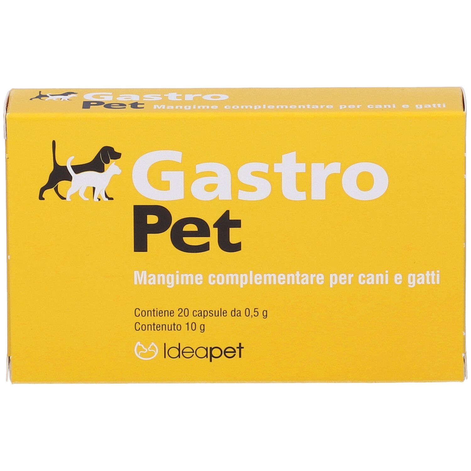Scatola gialla con logo "Gastro Pet" e testo. Contiene 20 capsule. Logo Ideapet.