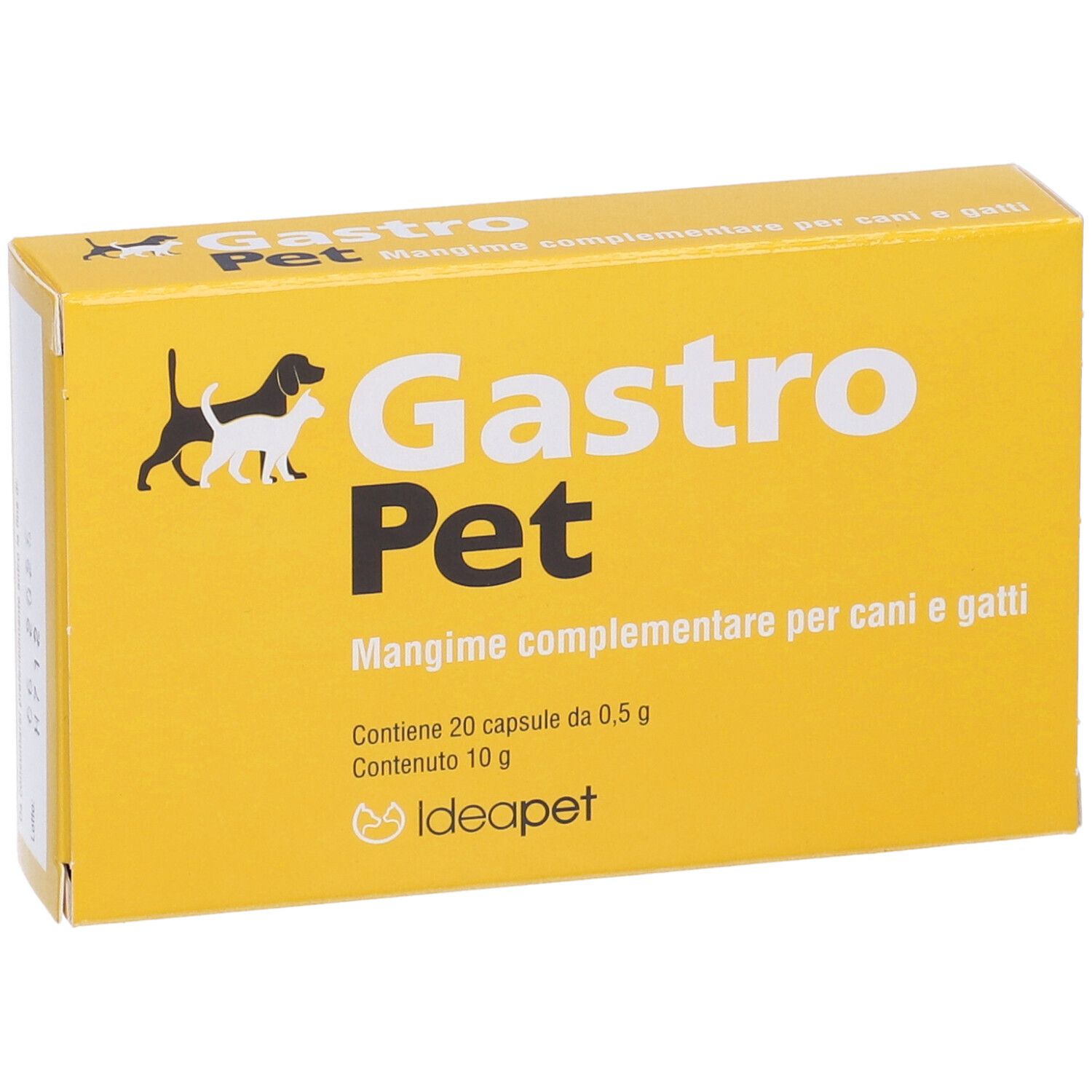 Scatola gialla con logo "Gastro Pet" e testo. Contiene 20 capsule. Logo Ideapet.