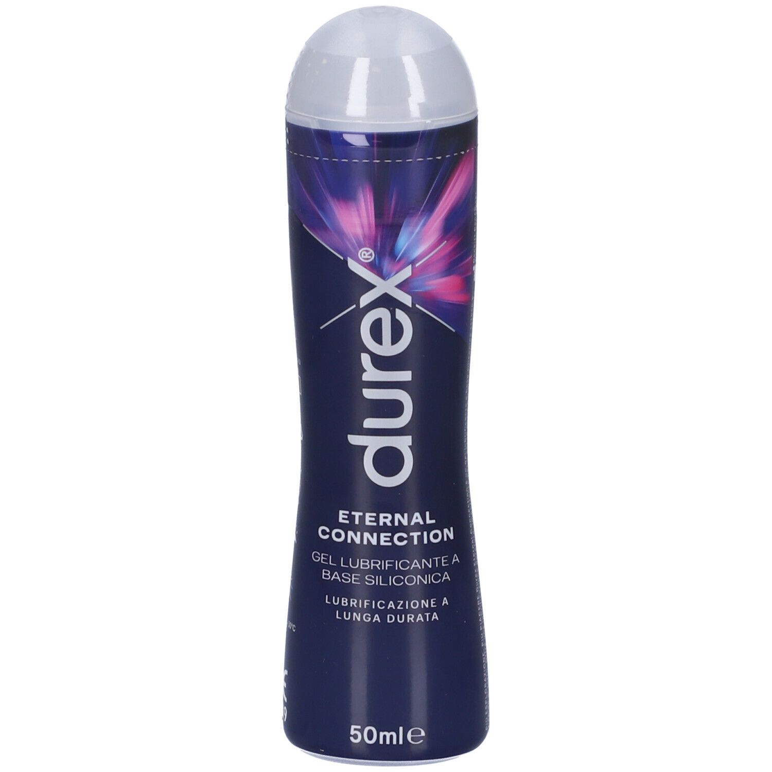 Gel Durex Eternal Connection. Flacone blu con tappo bianco. 50ml. Nome del prodotto e marchio visibili.
