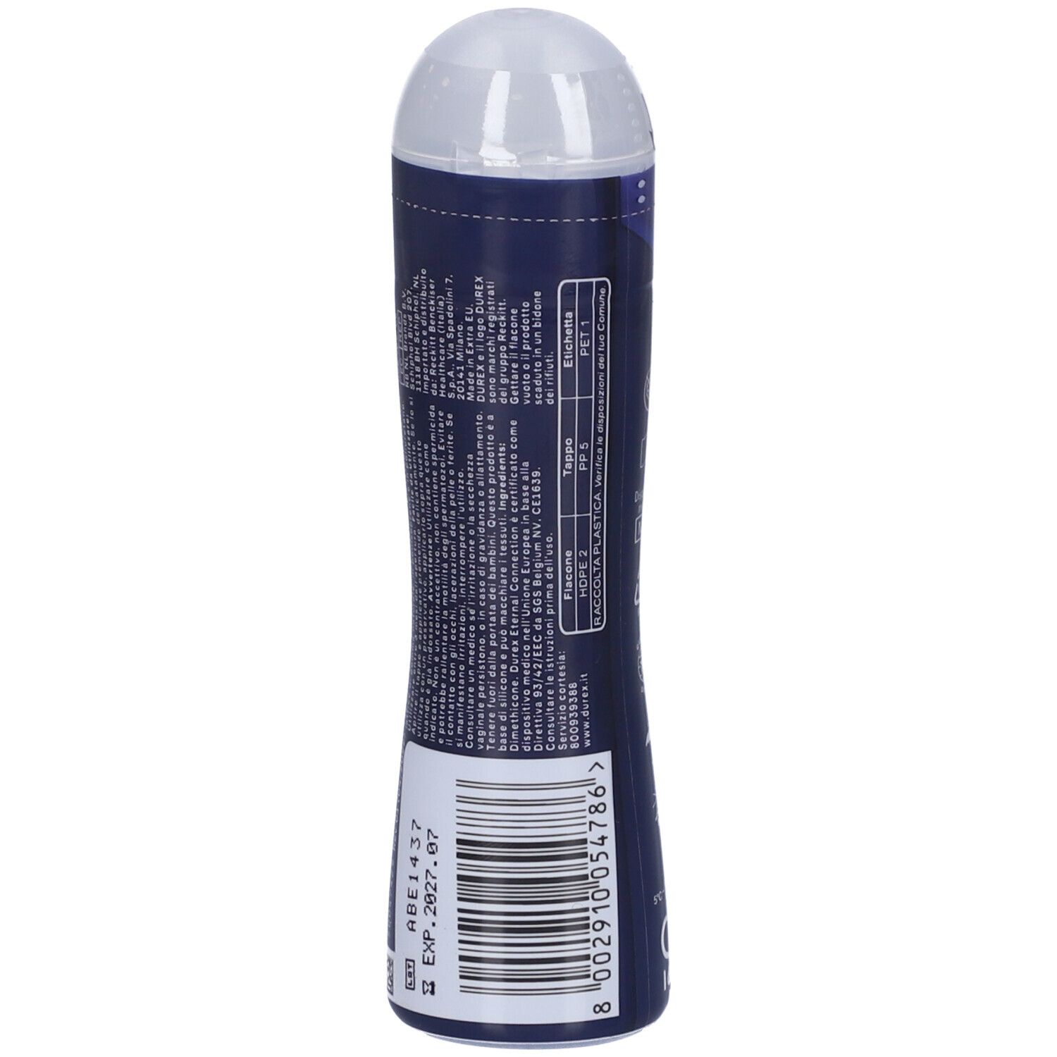 Gel Durex Eternal Connection. Retro del flacone. Codice a barre, data di scadenza, informazioni.