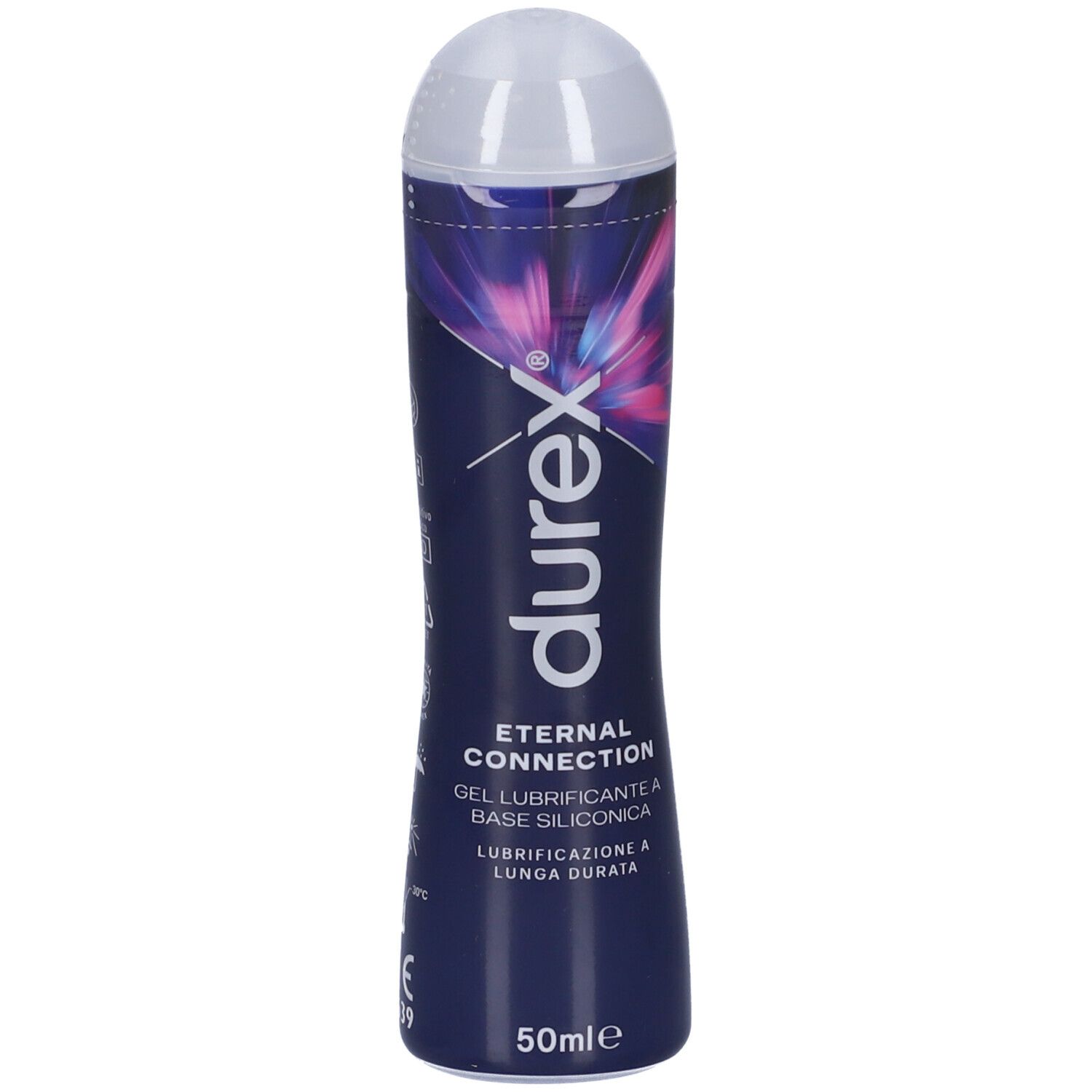 Gel Durex Eternal Connection. Flacone blu con tappo bianco. 50ml. Nome del prodotto e marchio visibili.