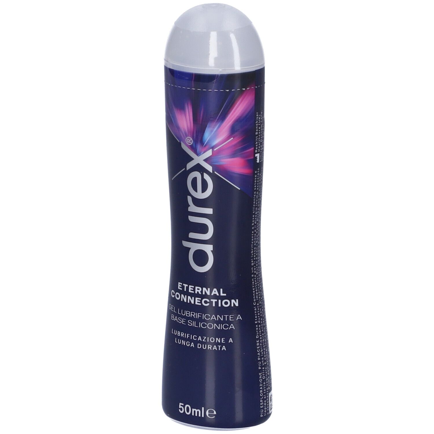 Gel Durex Eternal Connection. Flacone blu con tappo bianco. 50ml. Nome del prodotto e marchio visibili.