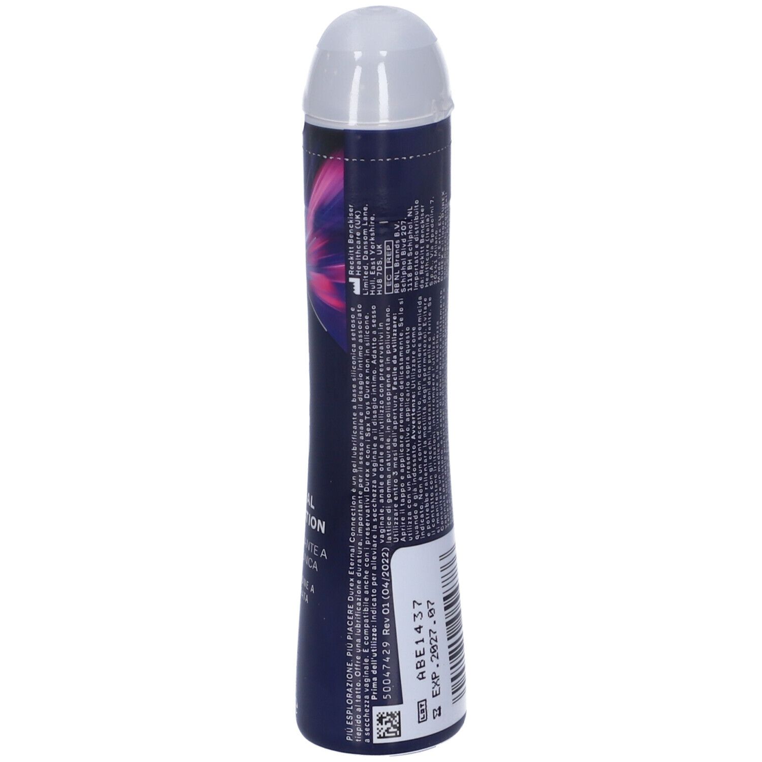 Gel Durex Eternal Connection. Retro del flacone. Informazioni, codice a barre, data di scadenza.