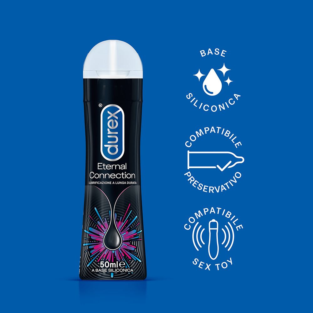 Gel Durex Eternal Connection. Flacone nero con tappo bianco. Loghi: base siliconica, compatibile preservativo, compatibile sex toy.