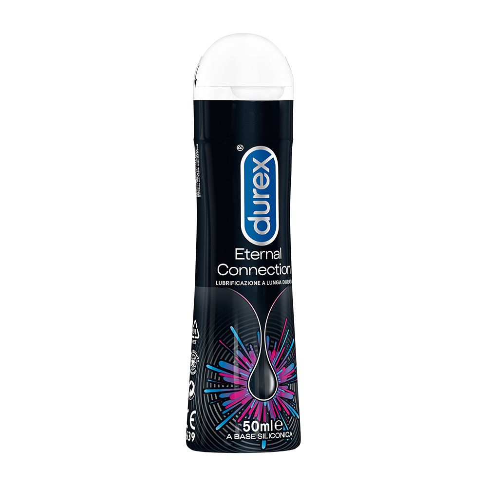 Gel Durex Eternal Connection. Flacone nero con tappo bianco. 50ml. Nome del prodotto e marchio ben visibili.