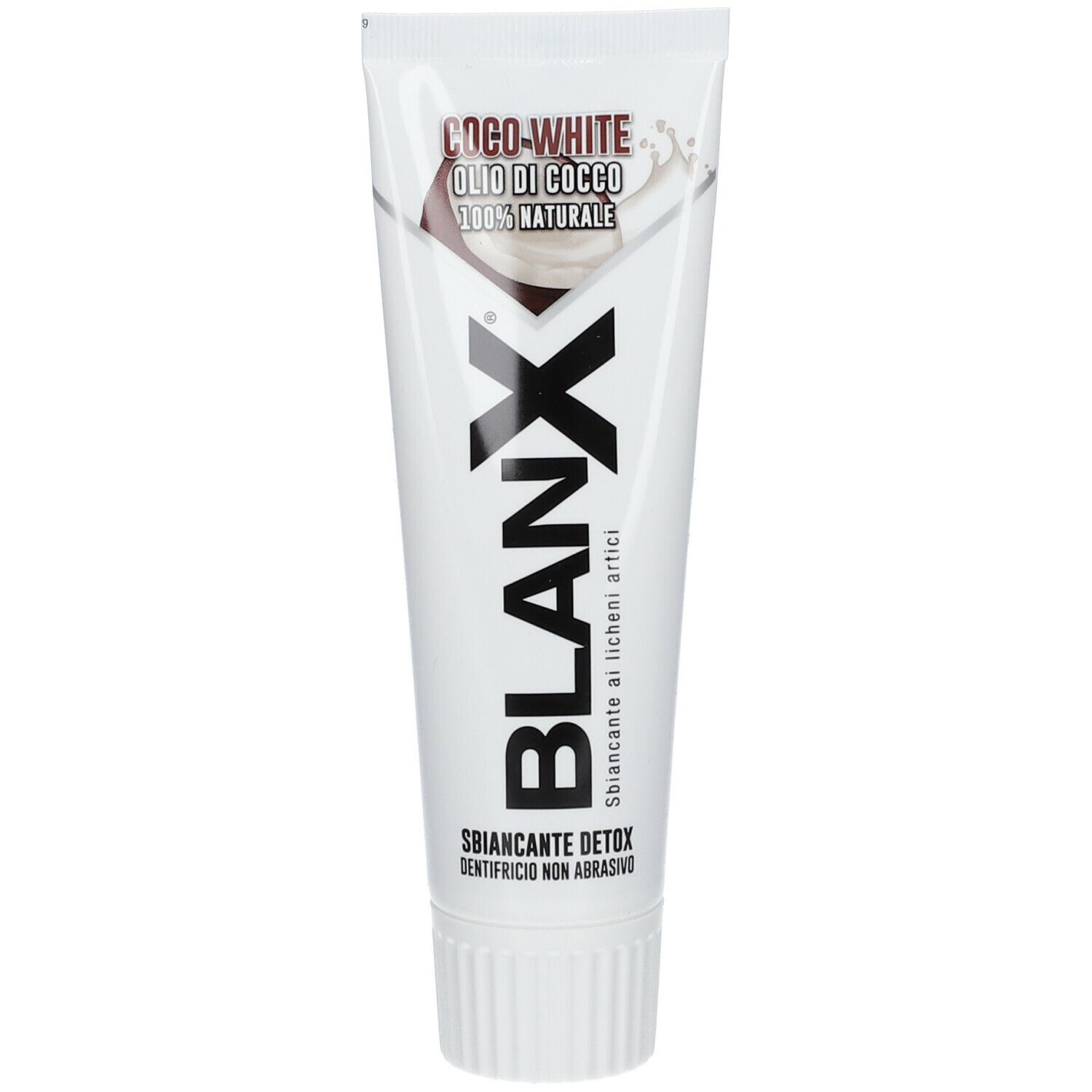 Tubo di dentifricio bianco con logo BLANX nero. Scritta: Coco White, Olio di Cocco, 100% naturale. Sbiancante Detox.