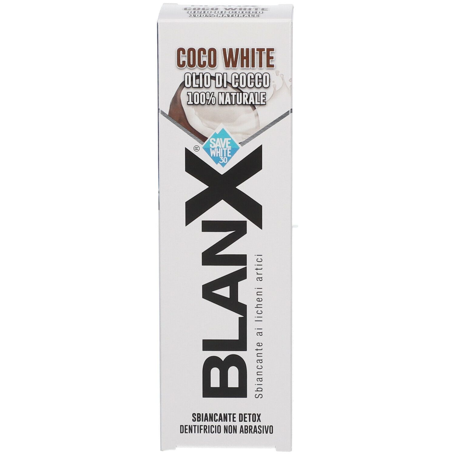 Scatola bianca con logo BLANX nero. Scritta: Coco White, Olio di Cocco, 100% naturale. Sbiancante Detox.