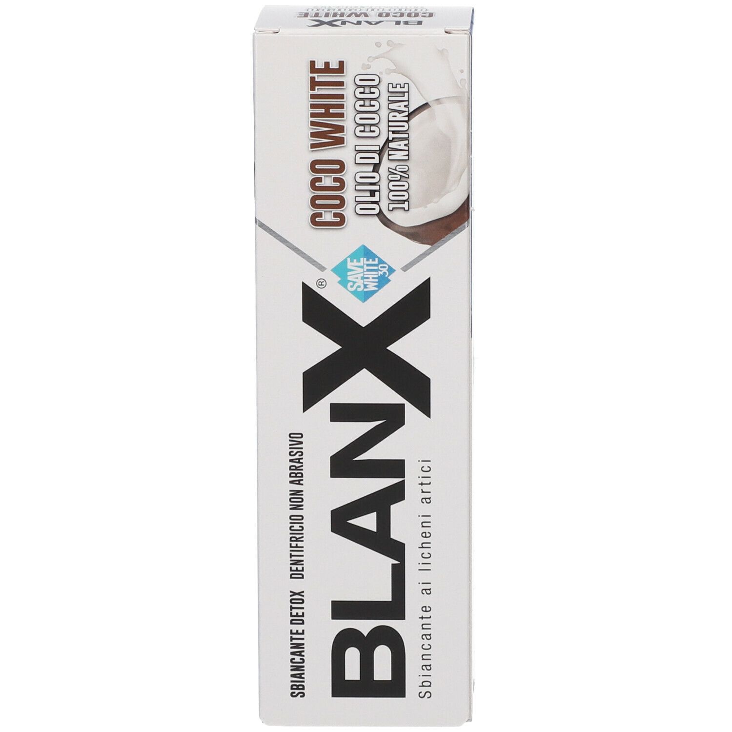 Scatola bianca con logo BLANX nero. Scritta: Coco White, Olio di Cocco, 100% naturale. Sbiancante Detox.