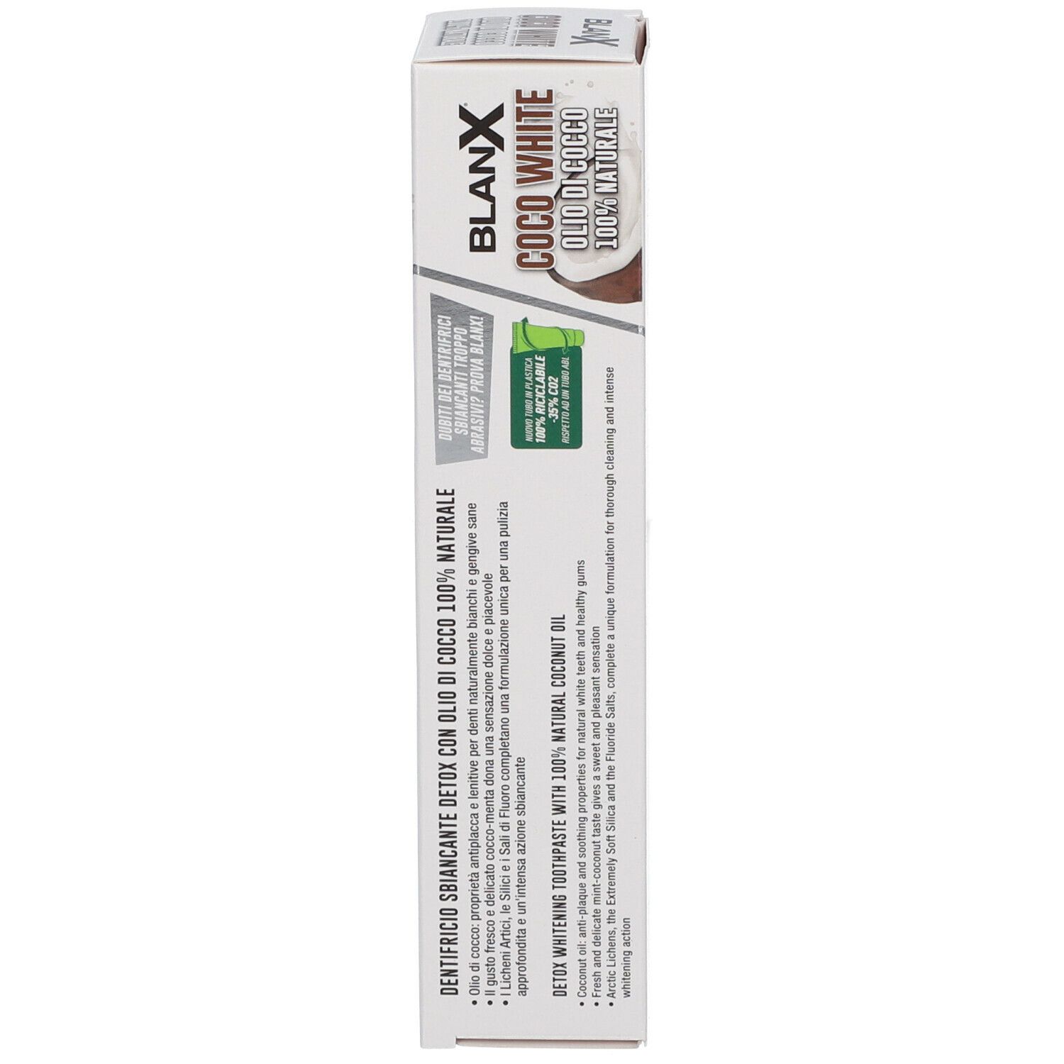 Lato della scatola. Testo: Sbiancante Detox con olio di cocco 100% naturale. Ingredienti, informazioni sul riciclo.