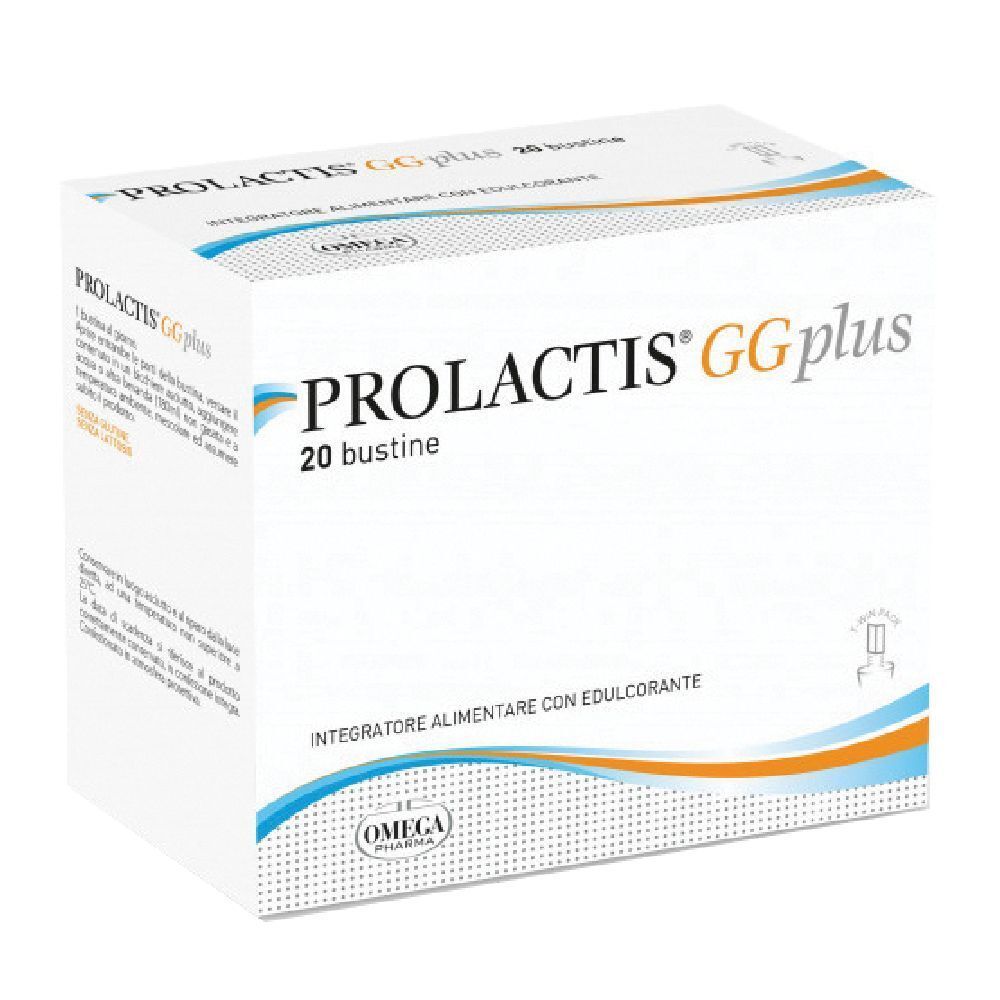 Weiße Schachtel mit "PROLACTIS GG plus" und "20 bustine". Logo: Omega Pharma. Blaue und orangefarbene Designelemente.