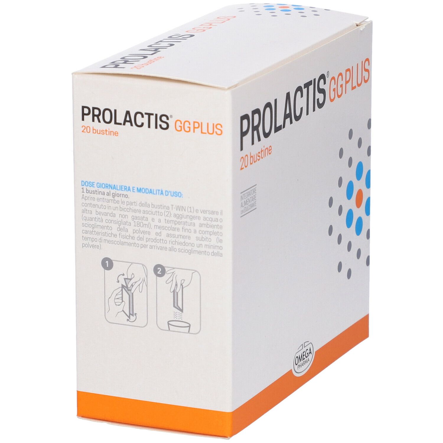 Weiße Schachtel mit "PROLACTIS GG PLUS" und "20 bustine". Logo Omega Pharma. Blaues und oranges Muster.