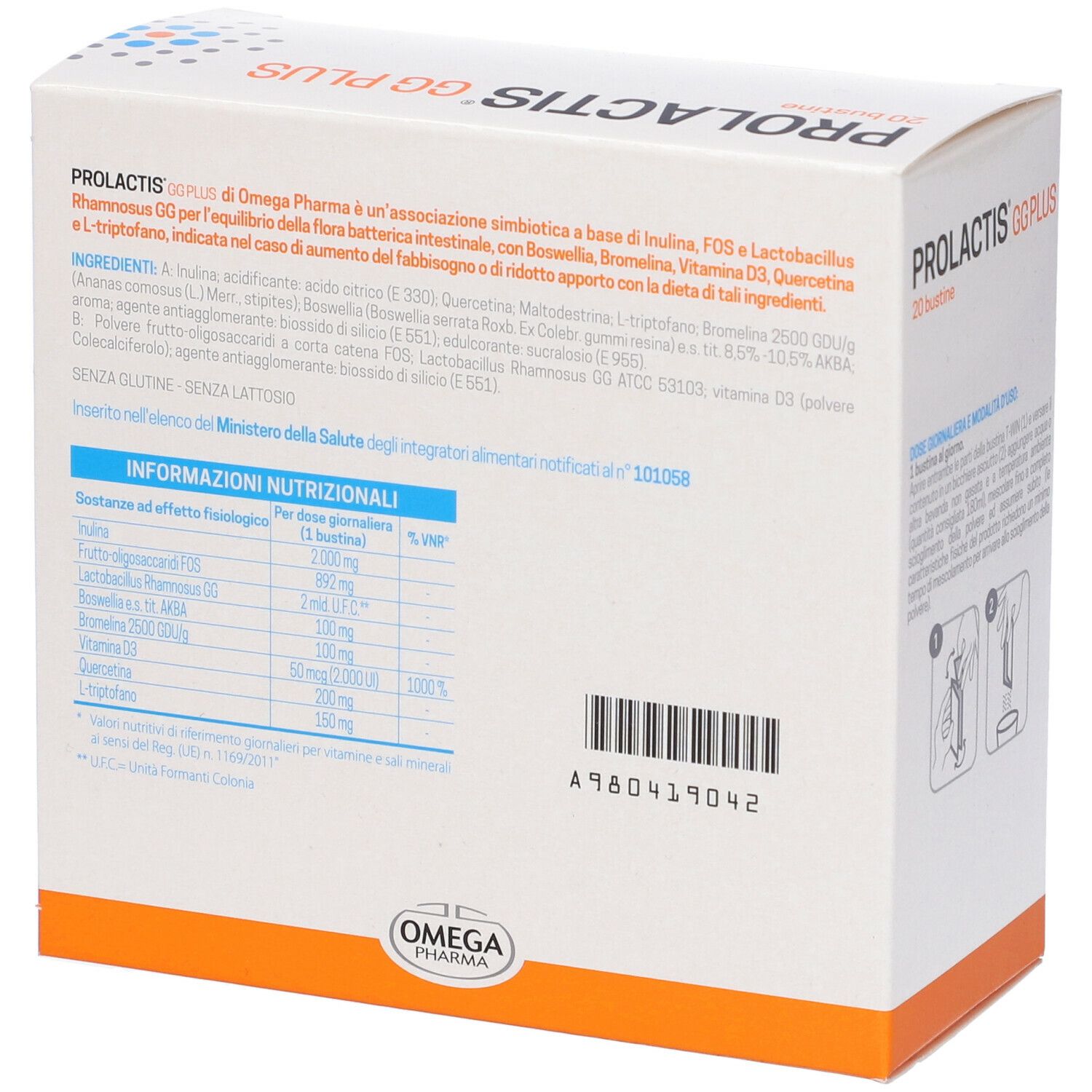 Rückseite der Schachtel. Text mit Inhaltsstoffen und Nährwertangaben. Logo Omega Pharma. Code A960419042.