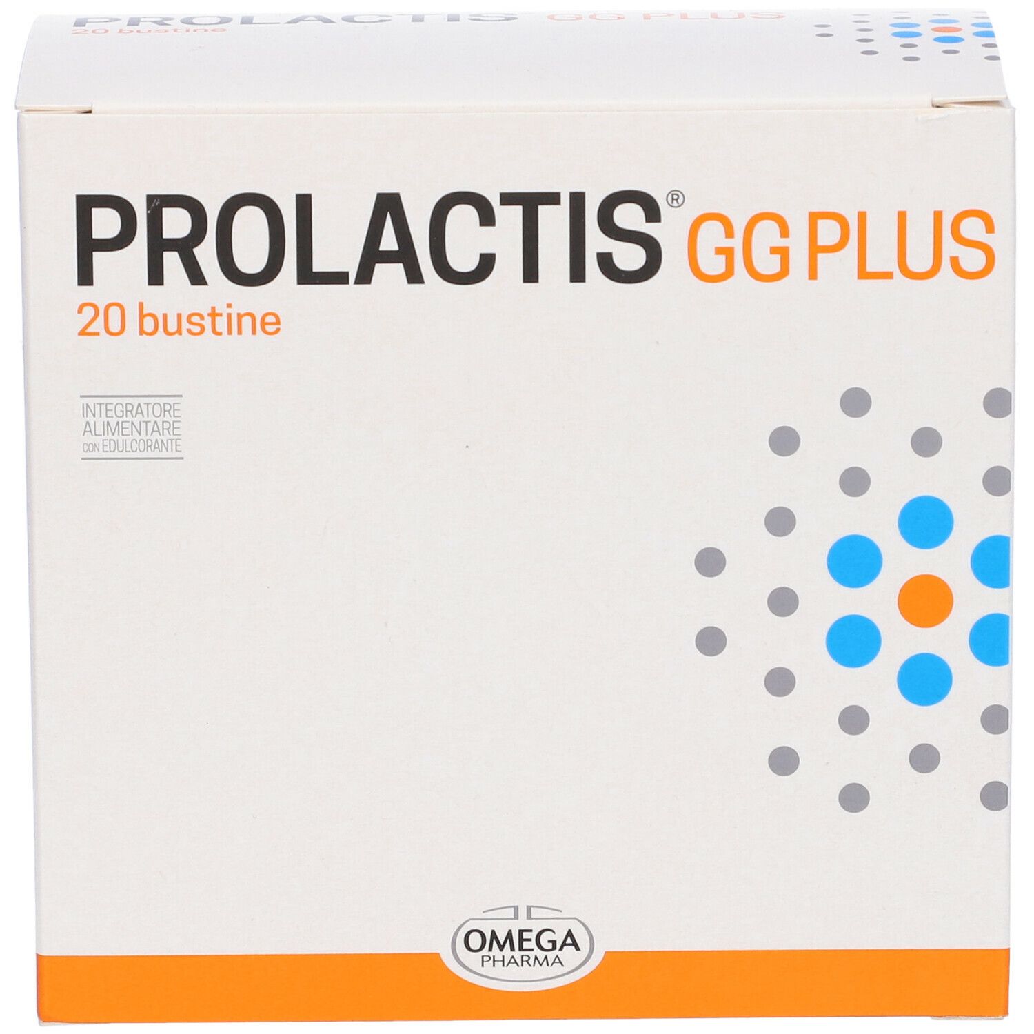 Weiße Schachtel mit "PROLACTIS GG PLUS" und "20 bustine". Logo Omega Pharma. Blaues und oranges Muster.