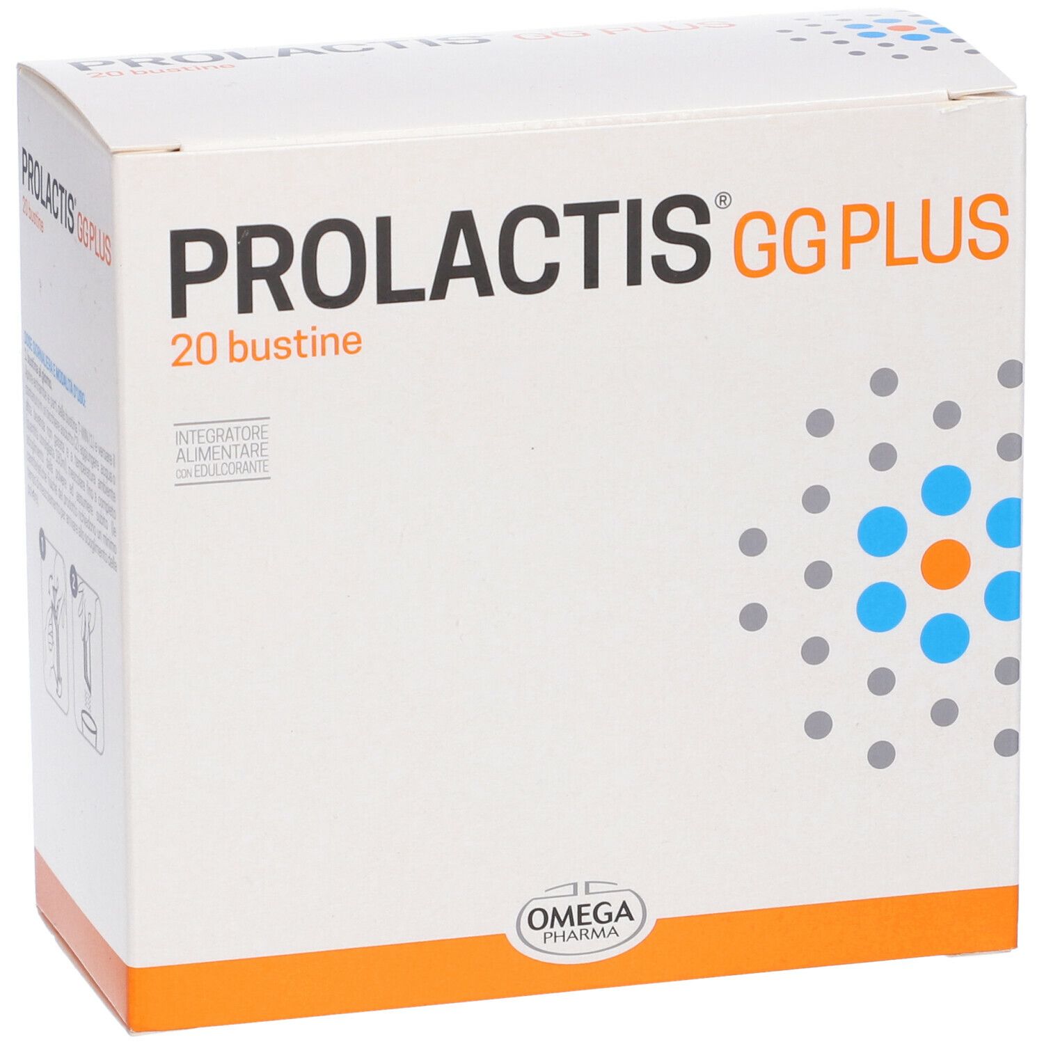 Weiße Schachtel mit "PROLACTIS GG PLUS" und "20 bustine". Logo Omega Pharma. Blaues und oranges Muster.