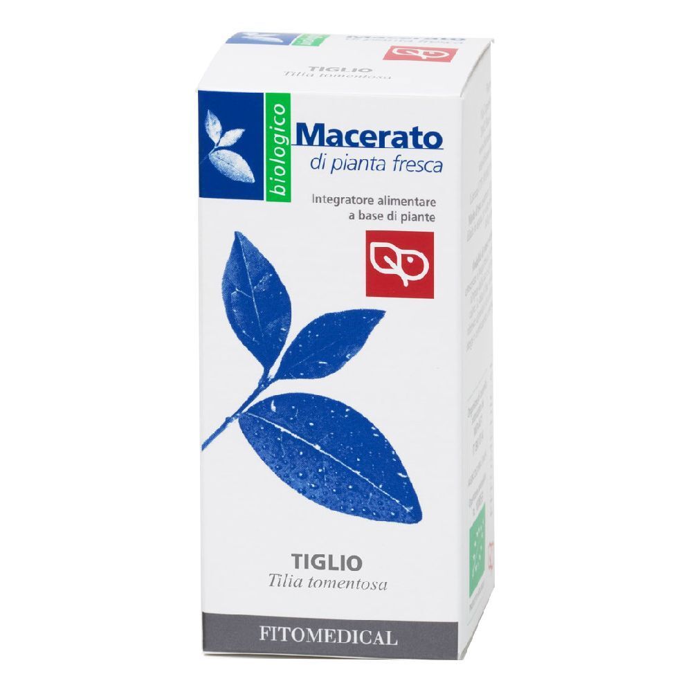 Scatola bianca con motivo a foglie blu. Testo: Macerato di pianta fresca, biologico, Tiglio, FitoMedical.