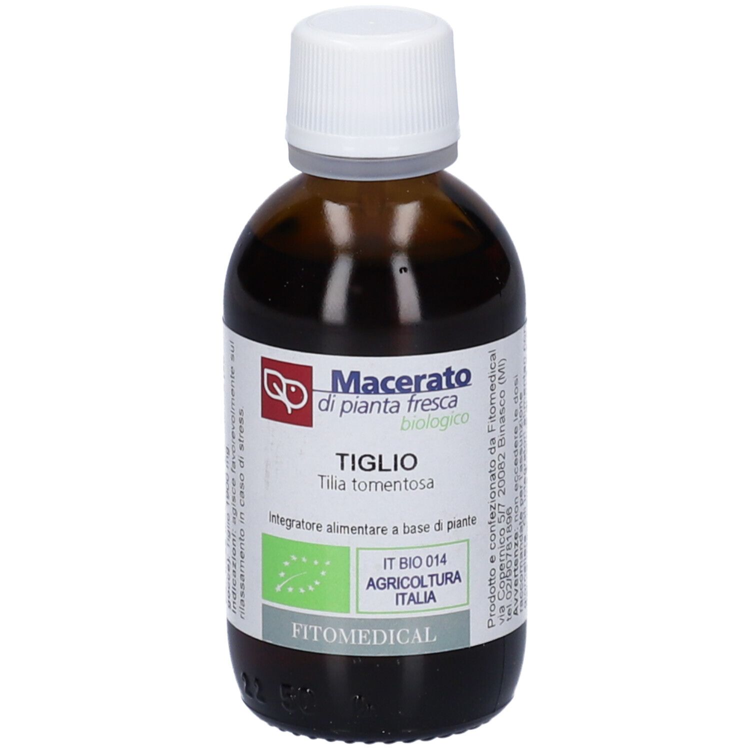 Flacone di vetro marrone con tappo bianco. Etichetta con testo: Macerato di pianta fresca, biologico, Tiglio, FitoMedical.
