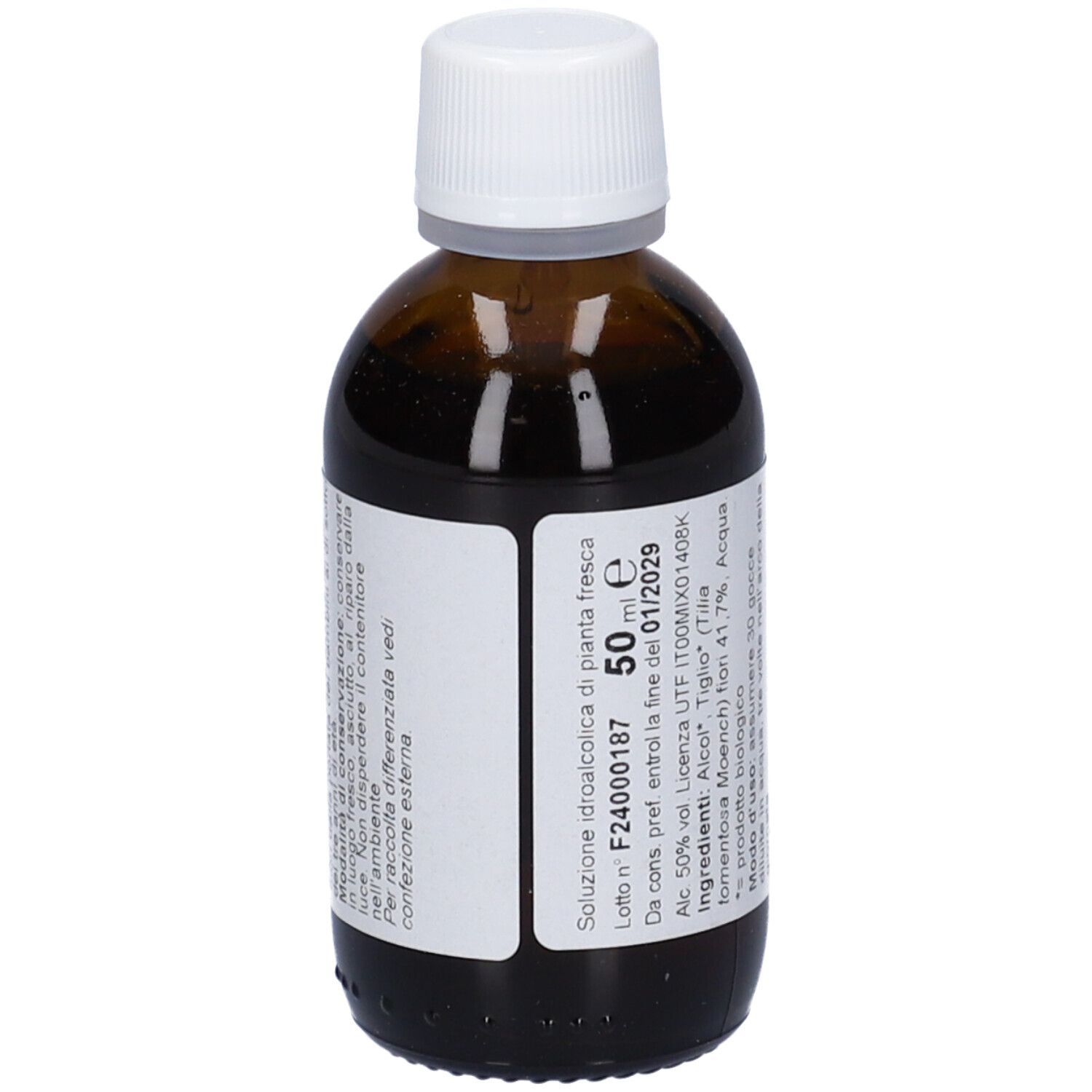Flacone di vetro marrone con tappo bianco. Etichetta con testo: Macerato di pianta fresca, biologico, Tiglio, FitoMedical.
