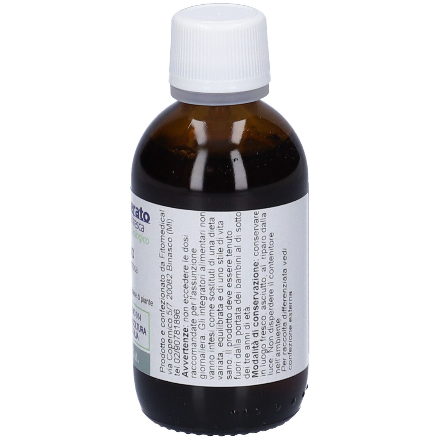 Flacone di vetro marrone con tappo bianco. Etichetta con testo: Macerato di pianta fresca, biologico, Tiglio, FitoMedical.