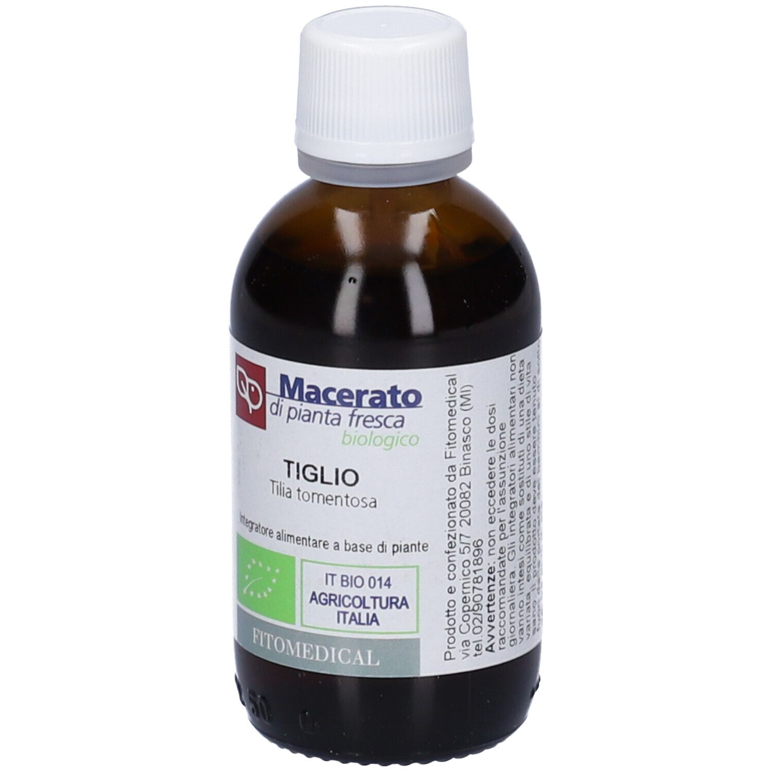 Flacone di vetro marrone con tappo bianco. Etichetta con testo: Macerato di pianta fresca, biologico, Tiglio, FitoMedical.