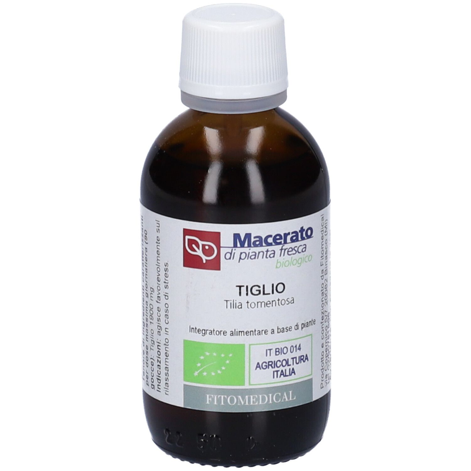 Flacone di vetro marrone con tappo bianco. Etichetta con testo: Macerato di pianta fresca, biologico, Tiglio, FitoMedical.