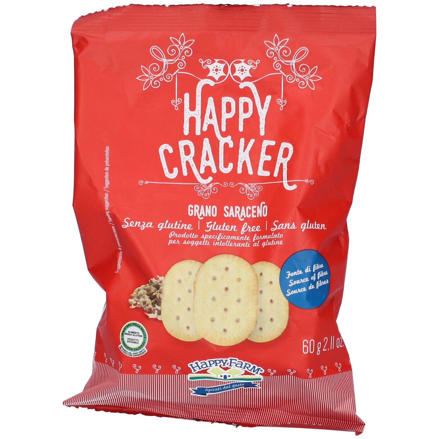 Confezione rossa "Happy Cracker Grano Saraceno". Crackers senza glutine. Logo e ingredienti. 60g.