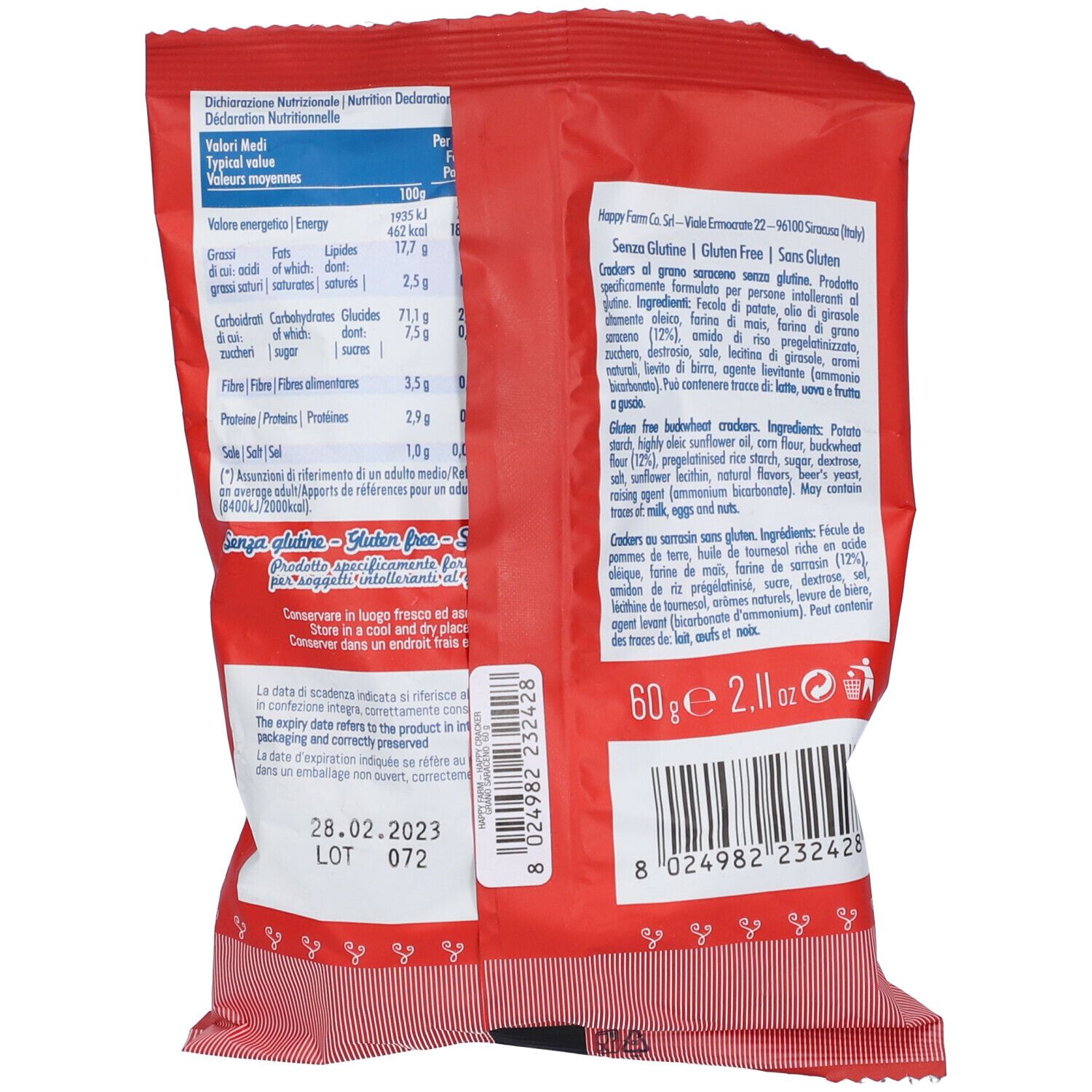 Retro confezione rossa "Happy Cracker". Informazioni nutrizionali, ingredienti, numero lotto e scadenza.