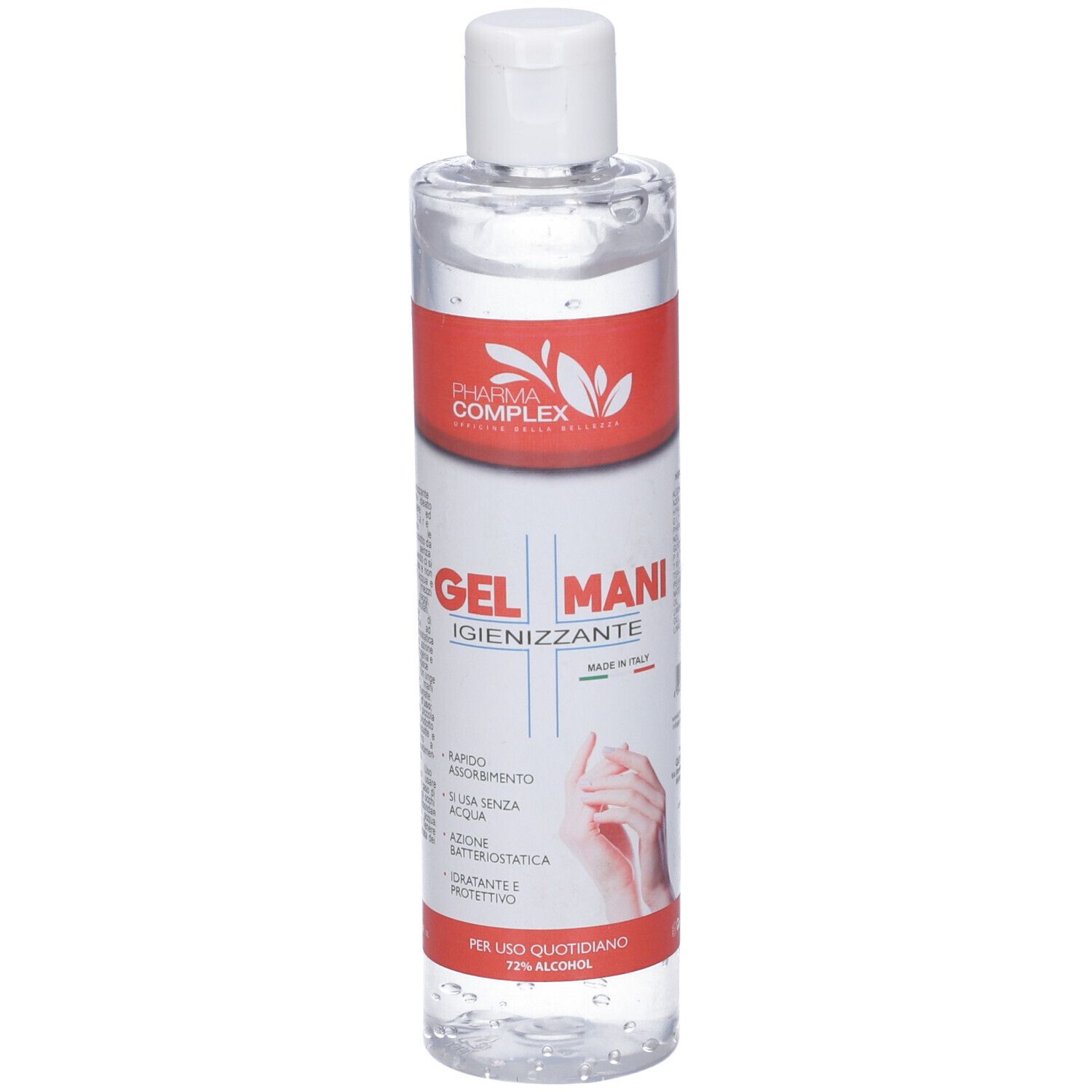 Flacone trasparente con tappo bianco ed etichetta rossa. Scritta: Pharma Complex, Gel Mani Igienizzante. 72% alcool.