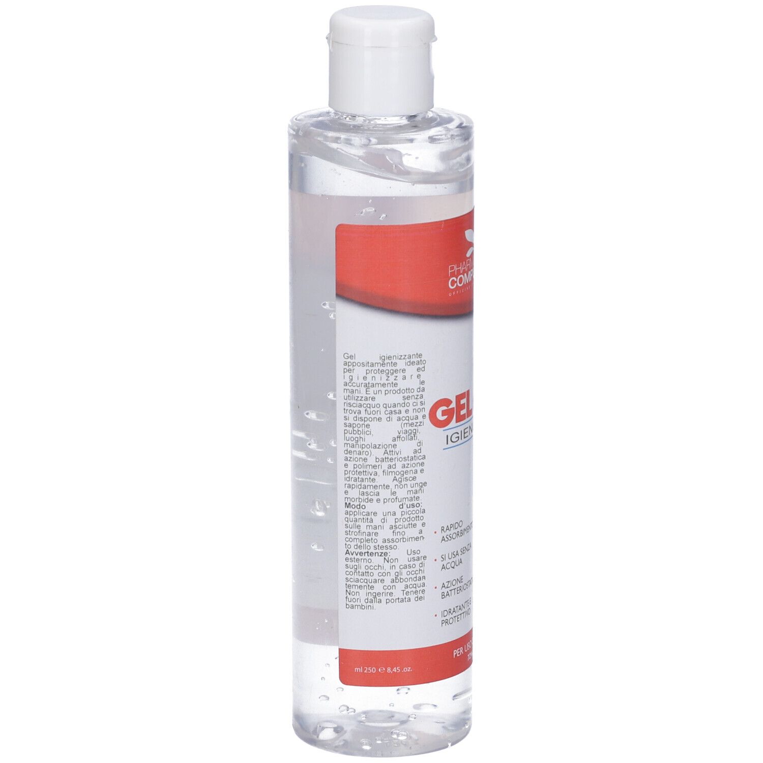 Flacone trasparente con tappo bianco. Etichetta rossa con informazioni sul prodotto. Gel visibile.