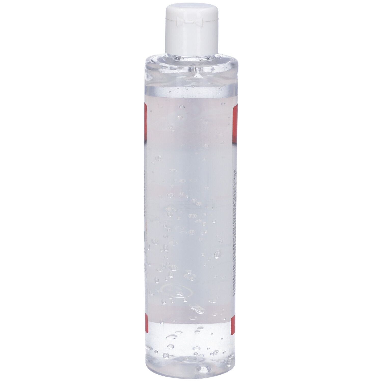 Flacone trasparente con tappo bianco. Etichetta rossa con informazioni sul prodotto. Gel visibile.