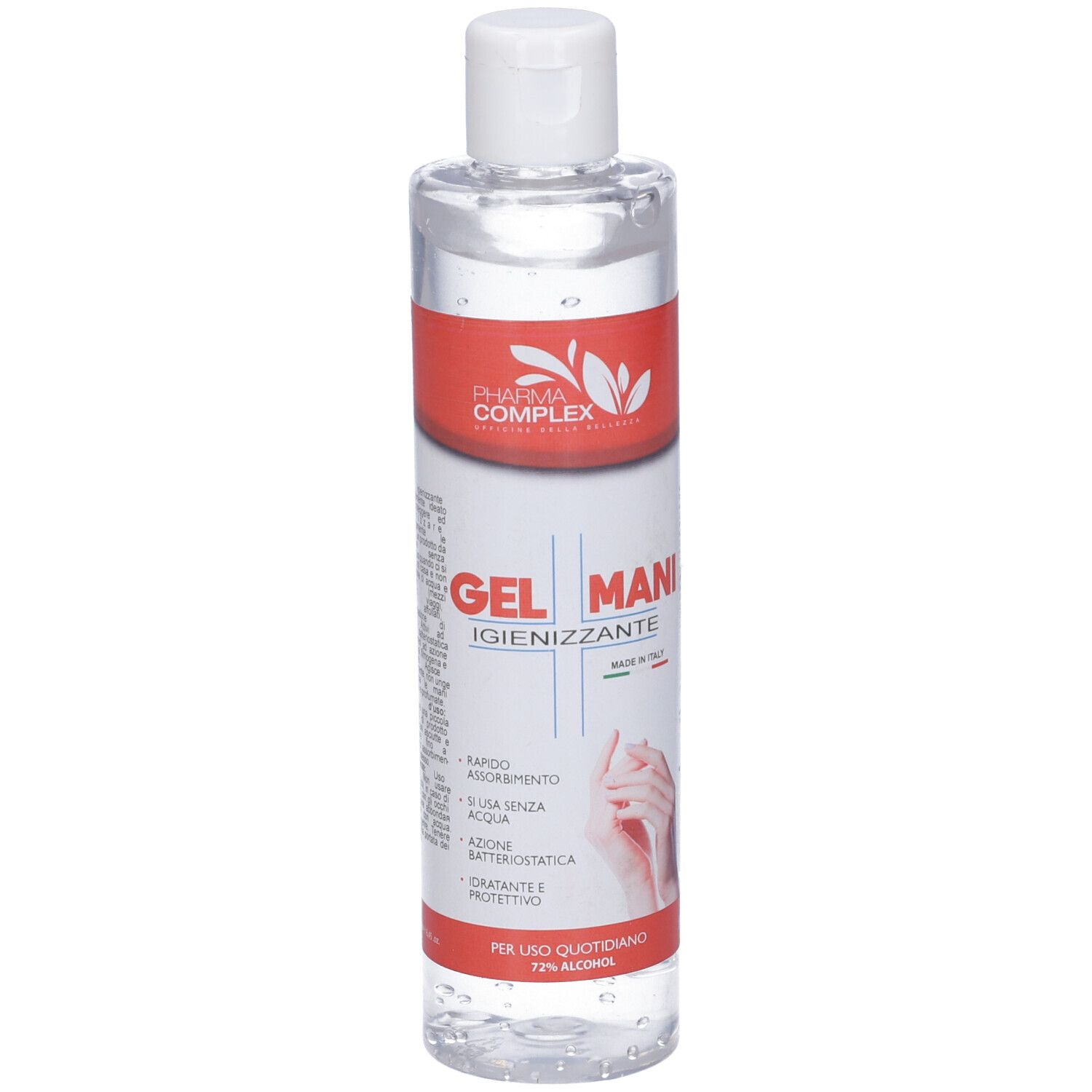 Flacone trasparente con tappo bianco ed etichetta rossa. Scritta: Pharma Complex, Gel Mani Igienizzante. 72% alcool.